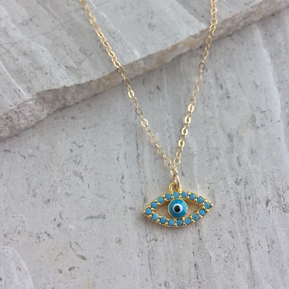 14K/Sterling Turquoise CZ Evil Eye Charm Necklace